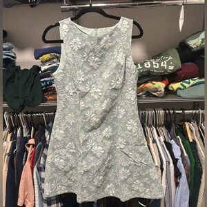 L Green and White A-Line brand new dress with high neck and white flower design